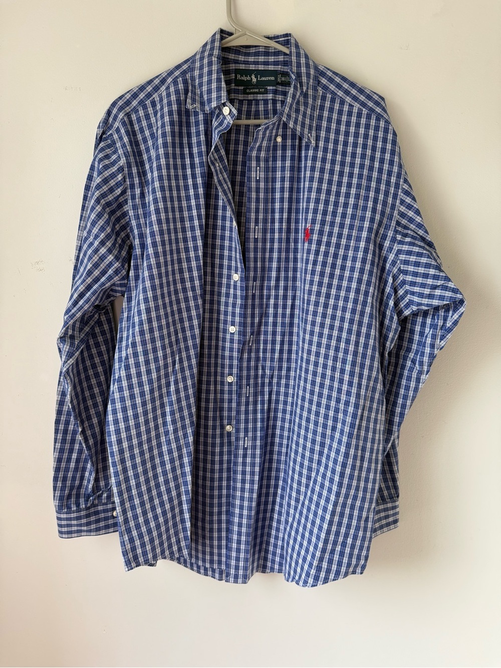 VTG Ralph Lauren Plaid Button Down Shirt Dress Shirt Casual Blue White Size L